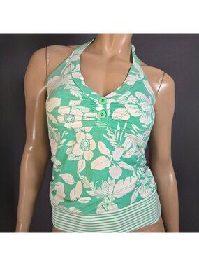 Vintage Y2k Turquoise Aqua Floral Halter Tank Top Size M Fitted Fairy Coquette